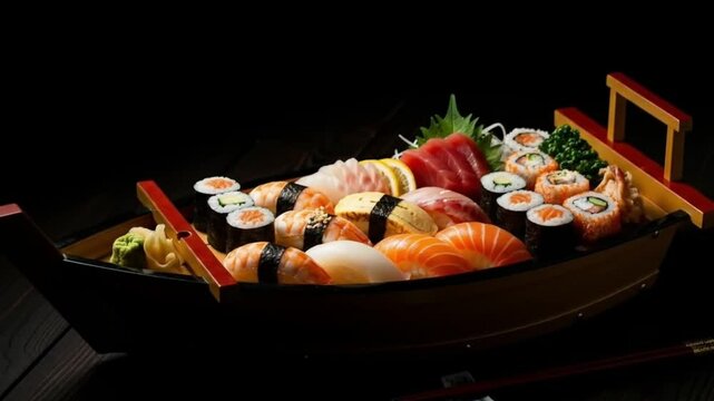 Barco de sushi japon&ecirc;s com sushis e sashimis variados, elegantemente dispostos com ingredientes frescos e cores vibrantes.