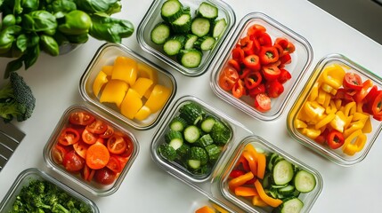 Colorful Chopped Vegetables in Glass Containers on White Background
