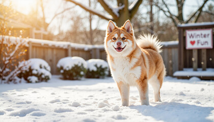 Smiling Akita enjoying snowy yard in bright sunlight, winter joy