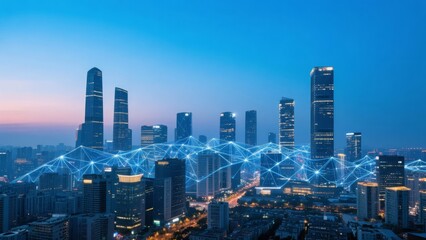 Modern Cityscape with Interconnected Digital Networks