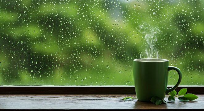 Cozy green mug with steaming hot beverage sits on a wooden surface with fresh green leaves viewed through a window covered in rain drops