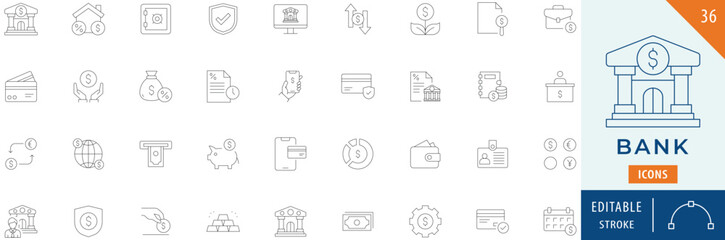 Bank icon collection set. Editable stroke.