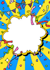 手書きの曲線フレームとデコレーション、ポップな背景フレーム、サンバースト、ガーランド、紙吹雪、コミック風、縦向き