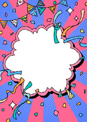 手書きの曲線フレームとデコレーション、ポップな背景フレーム、サンバースト、ガーランド、紙吹雪、コミック風、縦向き