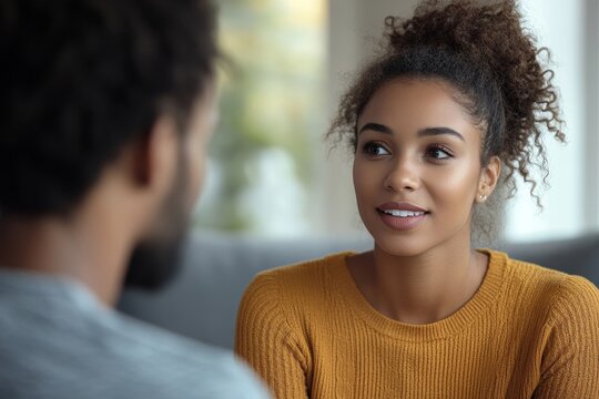 Couple relationship therapy concept: Close-up of a woman client interacting with a psychologist to resolve relationship issues, Generative AI