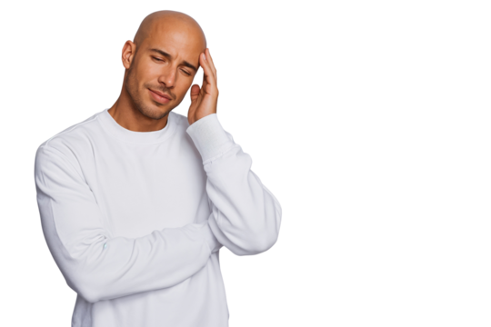 Frustrated bald man holding head expressing stress and headache, isolated on transparent background - Powered by Adobe