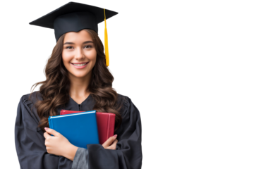 Portrait of a smiling young woman in graduation gown and cap, holding books. Graduate celebrating academic achievement, isolated on transparent background