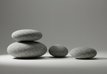 Smooth gray pebbles stacked artistically on a minimalist background