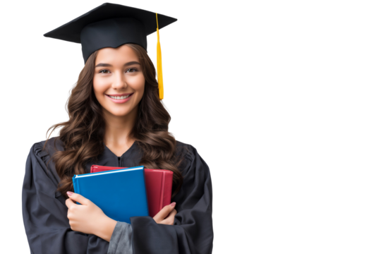 Portrait of a smiling young woman in graduation gown and cap, holding books. Graduate celebrating academic achievement, isolated on transparent background