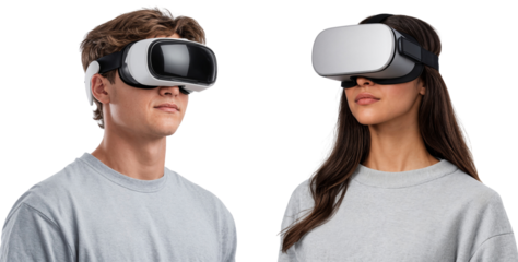 Young man and woman wearing VR headsets, experiencing virtual reality technology. Isolated on transparent background, concept of innovation, gaming, and digital immersion