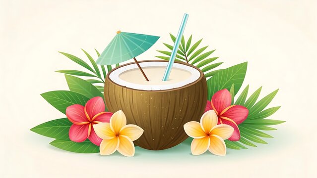 Refreshing coconut drink with tropical flowers and palm leaves for a summer vacation