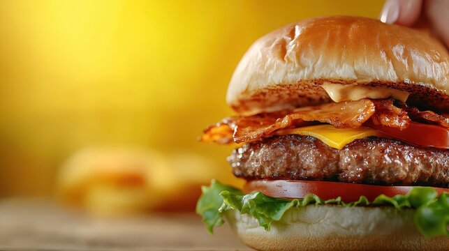 A mouth-watering hamburger loaded with crispy bacon, cheddar cheese, and fresh veggies is presented on a rustic wooden surface, evoking hunger and culinary delight.