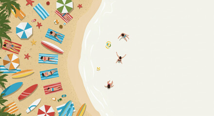 Flat lay vector illustration, Top-down view of beach scene with people sunbathing, swimming, and playing volleyball on sand, colorful umbrellas, surfboards - summertime concept, seamless pattern