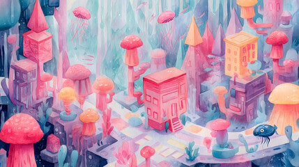 Underwater City Cartoon Watercolor Style colorful