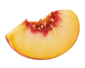 Freshly sliced peach wedge against a stark black background showcasing healthy organic fruit