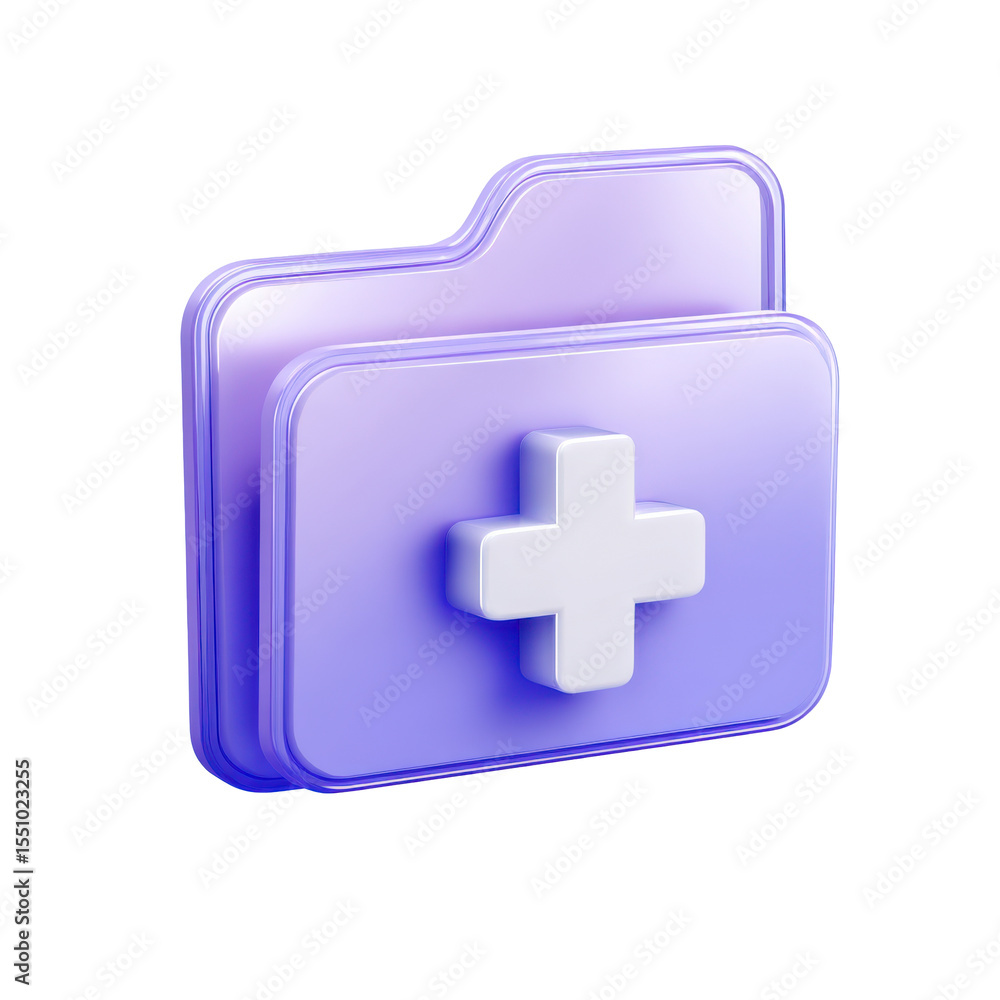 Poster 3d render of a transparent purple folder icon with a white plus sign symbolizing adding new content 