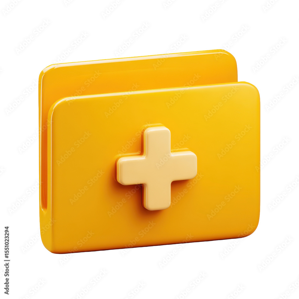 Poster a vibrant yellow 3d transparent png icon featuring a folder with a plus sign indicating add or new f