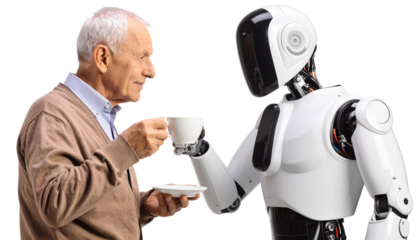 Elderly Person Sharing Tea with a Companion Robot isolated on transparent background. 
