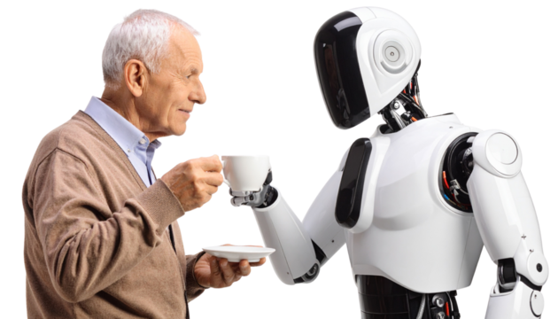 Elderly Person Sharing Tea with a Companion Robot isolated on transparent background.