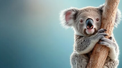 Obraz premium This image captures an adorable koala hugging a tree, showcasing its natural habitat and playful demeanor against a beautiful blue background, evoking feelings of warmth and tenderness.