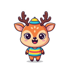 Obraz premium Adorable Cartoon Deer with Antlers Wearing Striped Shirt and Hat.