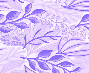 Abstract modern minimalist botanical seamless flow pattern in shades of purpl on a white background