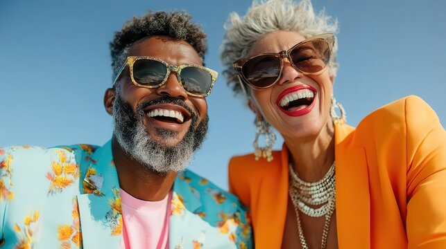 A joyful couple with diverse backgrounds pose together in stylish outfits, successfully capturing a sense of connection, joy, and confidence against a bright blue sky.