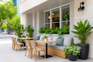 Fototapeta premium Outdoor cafe tables and bench seating inviting customers to relax and enjoy a meal