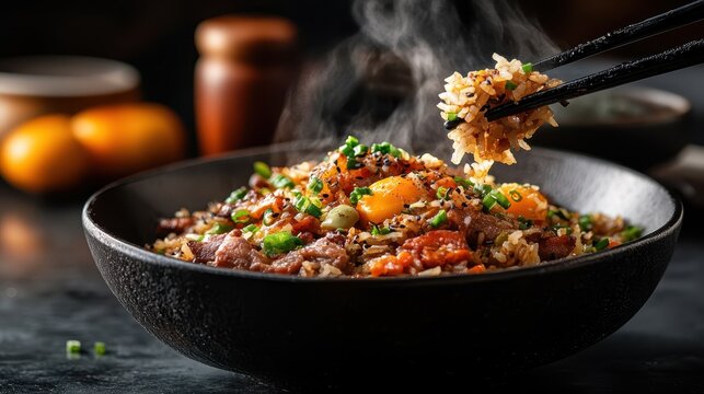 A mouthwatering bowl of fried rice loaded with fresh vegetables and juicy pieces of meat, conveying comfort food's universal appeal and the joy of savoring diverse culinary cultures.