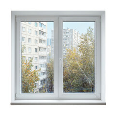 White double-hung window, city view (3)