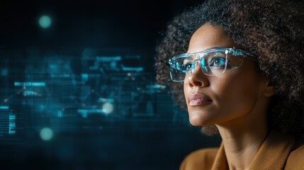 A focused woman wearing glasses gazes at digital interfaces, representing the synergy of human intellect and technology in a modern, data-driven environment filled with innovation.