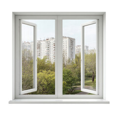 White window, open, cityscape view