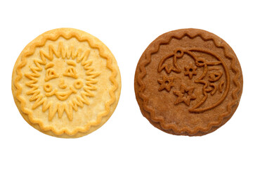 Two round cookies day and night. Cookies isolated on a white background.
