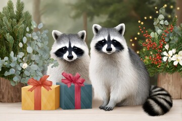 Fototapeta premium Two raccoons celebrating christmas with gifts and floral arrangements