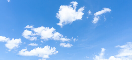 Low angle view and full frame of beautiful blue sky with strange shape of fluffy white clouds in...