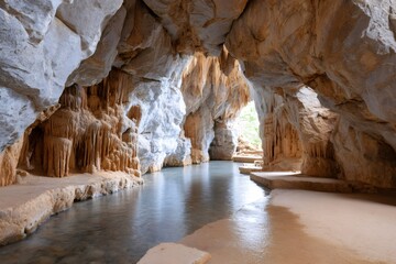 Stalactites reflecting in the water of a cave with an underground river