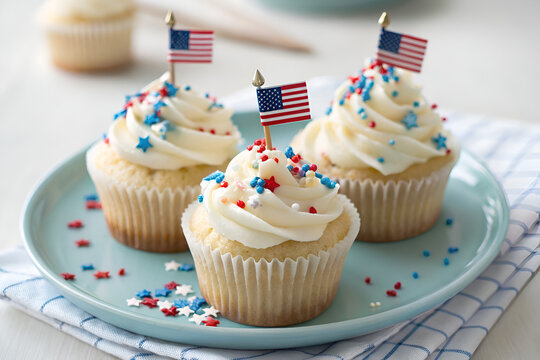 Three festive vanilla cupcakes decorated with white frosting and patriotic red white and blue star sprinkles topped with american flags