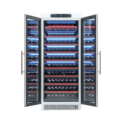 Double-door wine cooler with numerous bottle compartments