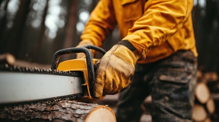 A close-up of a worker wearing gloves and a yellow jacket operating a chainsaw to cut logs in a dense forest, highlighting the challenges and skills involved in logging.