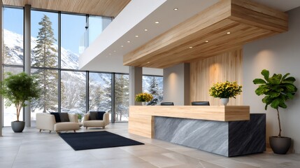 Fototapeta premium Modern hotel lobby overlooking snowy mountains with reception desk