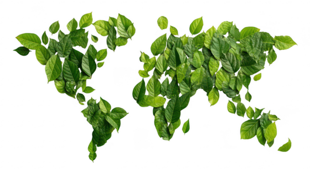 World map formed by many green leaves