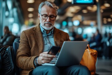 Businessman at airport waiting lounge using laptop and mobile phone, staying productive while traveling for work or leisure, Generative AI