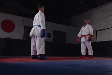 Teenage Boy Practicing Karate with His Father and Instructor