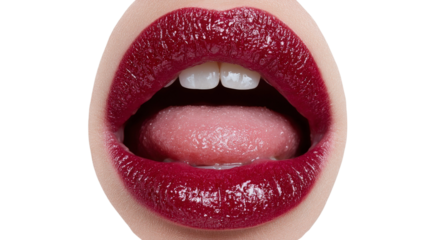 Close-Up of Vibrant Lips with Glossy Red Lipstick and Pink Tongue in an Artistic Beauty Shot for Makeup and Fashion Projects