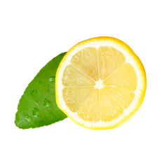 Front view of ripe yellow lemon fruit or slice in circle shape with green leaf isolated on white...