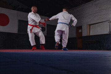 Teenage Boy Practicing Karate with His Father and Instructor