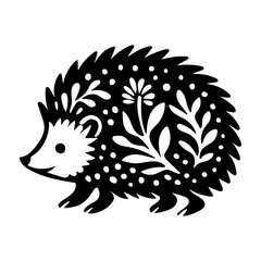 Rustic style figurine with a hedgehog. Ethnic sticker. Bohemian animal silhouettes and floral patterns on Scandinavian style textiles. Handmade relief image of a hedgehog in the style of linocut.