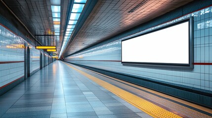 Modern Subway Station Interior with Blank Billboard for Outdoor Advertisement and Transit Flow 
