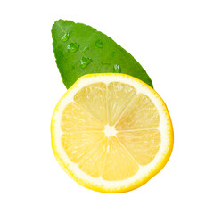 Front view of ripe yellow lemon fruit or slice in circle shape with green leaf isolated on white...
