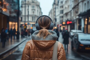 Businesswoman with headphones walking down the street, staying connected and focused while managing her tasks on the go in a busy city environment, Generative AI